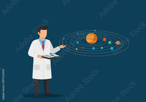宇宙の惑星と軌道を示すイラストで、科学者が観察している様子を描いている。
