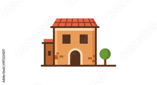 小さなレンガ造りの家と木の木が描かれているシンプルなイラストです。