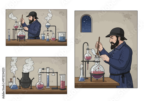 実験室で化学実験を行う男性科学者が、ビーカーやフラスコを使って研究をしています。