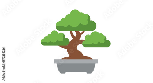 小さな盆栽の木が灰色の鉢に植えられ、緑色の葉と枝が特徴的です。
