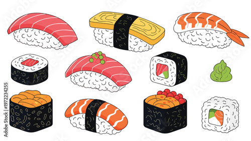 Set of various sushi types including nigiri with tuna and shrimp and maki rolls served with wasabi on a plain white background.