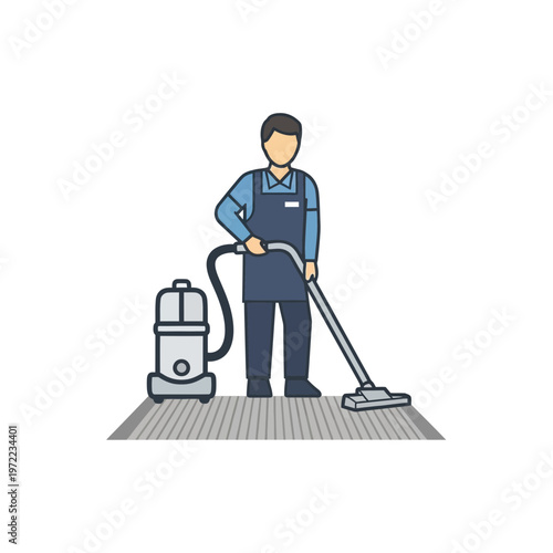 床を掃除している清掃員のイラスト。制服を着て掃除機を操作している姿が描かれている。