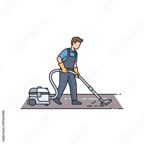 床を掃除している男性のイラスト。掃除機を使って丁寧に掃除している様子を描いている。