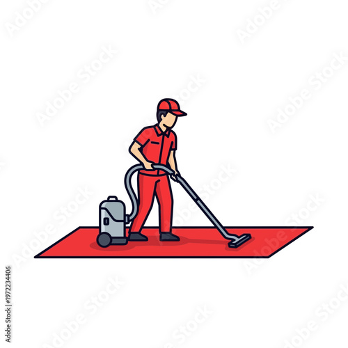 床を掃除する作業員が赤い制服を着て掃除機を使っている様子を描いたイラストです。