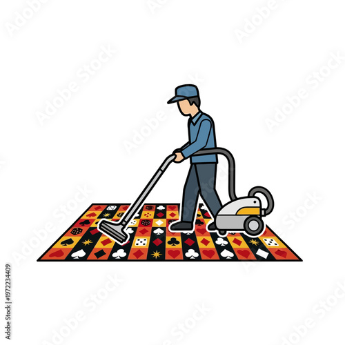 床を掃除する男性のイラスト、制服と掃除機を持ち、カラフルな模様のカーペットの上に立っている。