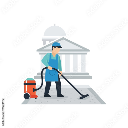 建物の前で掃除機を使って掃除している人物のイラストです。