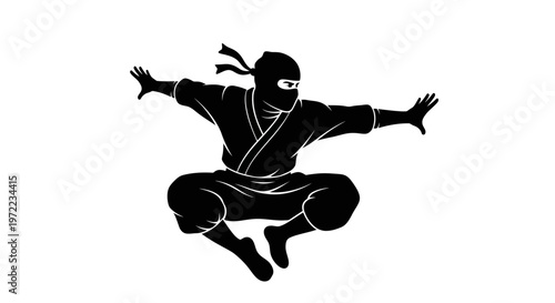忍者が空中で跳びはねているシルエットのイラスト。ポーズはダイナミックでアクション性が高い。