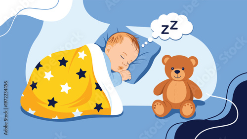 Peaceful baby sleeping under a yellow star-patterned blanket with a brown teddy bear next to the pillow on a blue background.