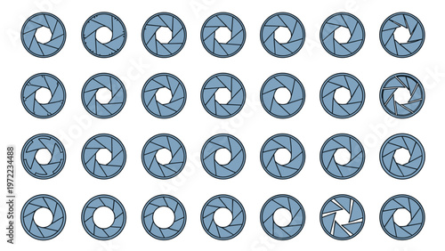 Detailed set of various camera lens aperture and shutter diaphragm icons representing different f-stop settings and photographic mechanics on white.