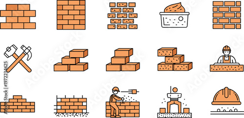 Vector Icons Set of Bricklaying, Masonry Tools, Construction Workers, and Building Materials for Construction and Masonry Design Projects