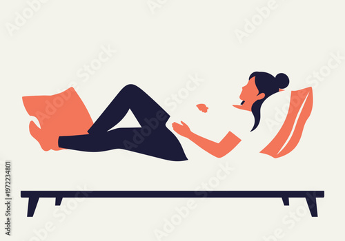 横になってリラックスしている女性のイラスト、枕とベッドの上でくつろいでいる様子を描いている。