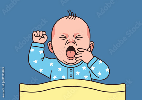 泣いている赤ちゃんが眠そうに目をこすりながら起きている様子を描いたイラストです。