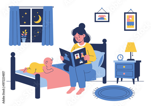 母親が子供に絵本を読み聞かせている、寝室のリラックスした家庭のシーン。