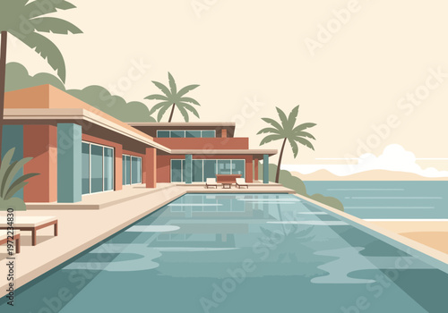 海辺のリゾートホテルのプールとパームツリーが描かれた、リラックスできる休暇の風景。