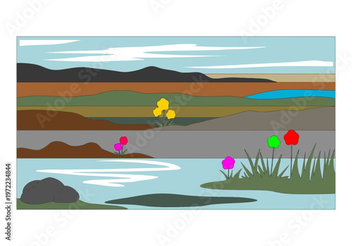 水辺に彩られた花と草が広がる風景。遠くに山と空が見える平和な自然の風景です。