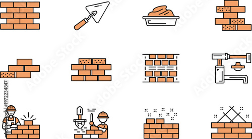 Vector Icons Set of Bricklaying, Construction Tools, and Workers for Building and Masonry Design Projects