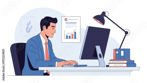 Professional businessman in a blue suit working at a modern office desk with a computer, charts, books, and a lamp in a bright and clean room.