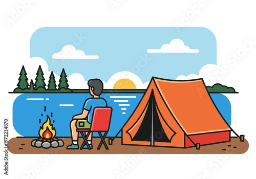 湖のほとりでキャンプを楽しむ人が焚き火を囲み、テントと自然の風景が広がるアウトドアシーン。