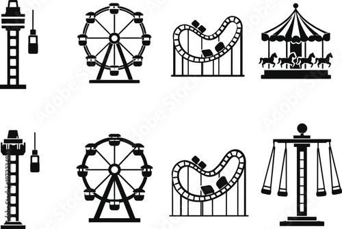 Black silhouette icons of amusement park rides including roller coasters, Ferris wheels, carousels, circus tents, and swing rides for entertainment design ...

