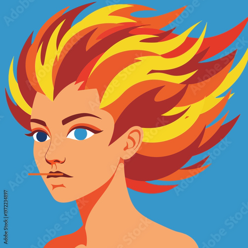 火のような髪を持つ女性のイラストで、青い背景と真剣な表情が特徴的です。