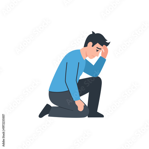 男性が膝を抱え、頭を手で押さえながら苦しそうに座っている姿。