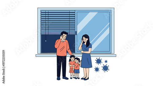 Distressed family standing by a window while large virus particles float outside, illustrating the impact of a pandemic on home life.