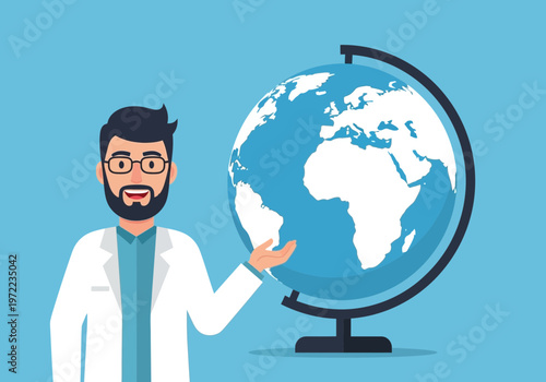白衣を着た男性が地球儀の前で手を差し伸べている、教育や地理に関するイラストです。