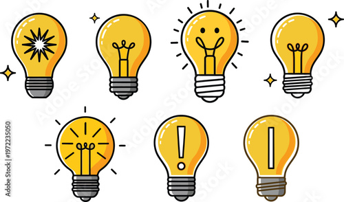Creative light bulb characters and idea icons set with yellow glow smiling faces and exclamation marks for inspiration concept.