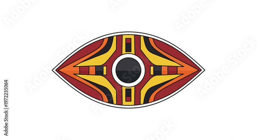 目の形をした抽象的なデザインで、中央に黒い円と多彩な模様が特徴的です。