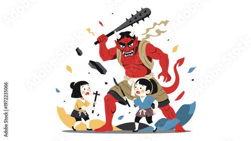 Brave young children confronting a large red Japanese demon monster wielding a spiked club for a traditional cultural storytelling.