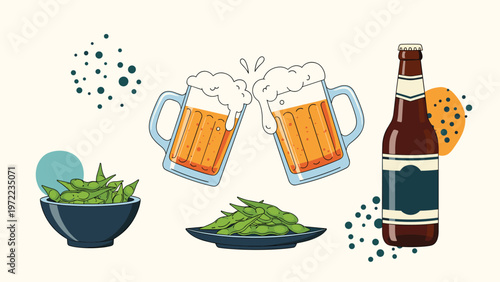 Two mugs of beer clinking in a toast next to a bottle of beer and bowls of edamame snacks on a light cream background.