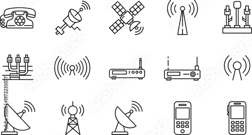 Vector Icons Set of Communication Devices, Including Telephones, Satellites, Antennas, Routers, and Mobile Phones for Networking and Technology Design Projects