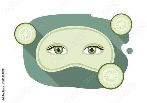 目の部分が見えるフェイスマスクときゅうりのスライスが配置されたスキンケア用品のイラストです。