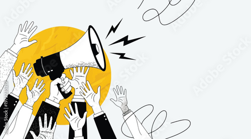Protest or announcement concept with a hand holding a megaphone surrounded by many raised hands