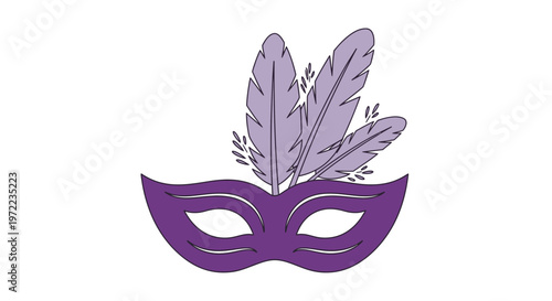 紫色のマスクに羽根が飾られた仮面のイラストで、華やかで幻想的なデザインが特徴的です。