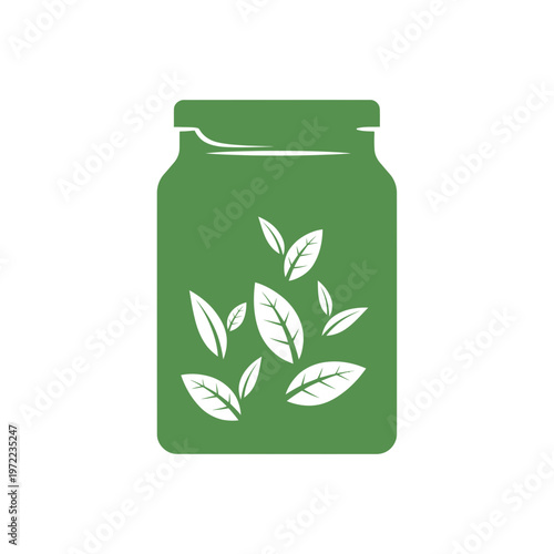緑色の瓶に葉っぱの模様が描かれ、自然や健康を象徴しているデザインのイラストです。