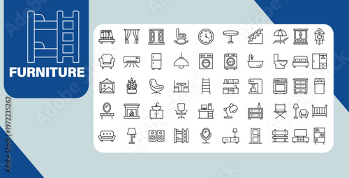 Furniture and home interior concept banner with household decor and living room line icons set