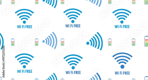 Seamless pattern of blue wifi free icons and mobile phones with charging batteries. wireless internet, connectivity.
