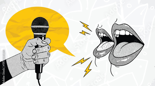 Pop art illustration of a hand holding a microphone with open mouths speaking
