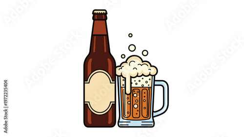 Detailed illustration of a brown glass beer bottle standing next to a glass mug overflowing with thick white foam.