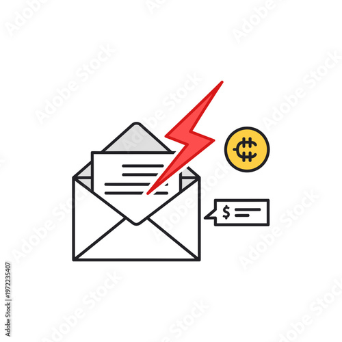 警告を示す雷と紙の入った封筒のイラスト、金銭やメッセージのアイコンも含まれる。