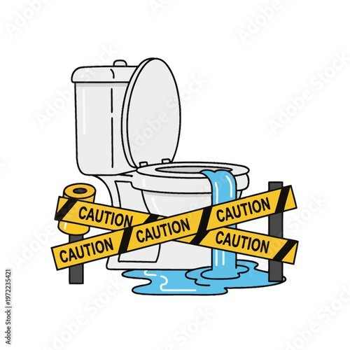 警告テープで囲まれたトイレの便器から水があふれ出している様子を示しているイラスト。