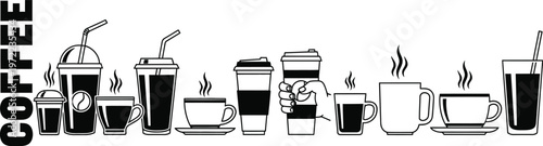 Coffee drinks collection various cups and glasses for takeaway and sit down enjoy hot beverages steaming liquid silhouettes.