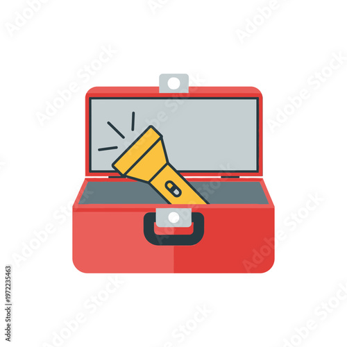 赤いケースの中に黄色い懐中電灯が入っているシンプルなイラストです。