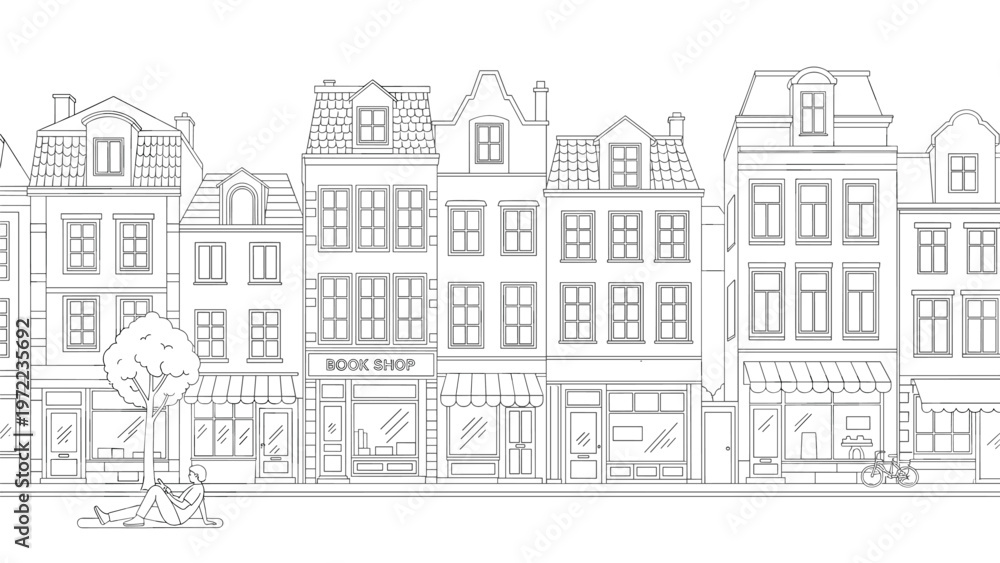 Fototapeta premium Detailed black and white line drawing of a traditional European street with narrow houses, shops, and a person resting.