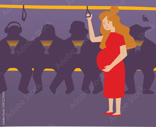 Vector illustration of a pregnant woman in public transport, riding a bus or subway, giving up her seat, social advertising, evening, men sitting
