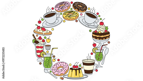 Circular wreath composed of various desserts including donuts, puddings, cakes, sundaes, coffee, and colorful fruit drinks.