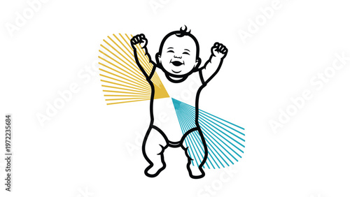 Joyful baby character raising arms in a celebratory pose with dynamic yellow and blue sunburst rays in the background.