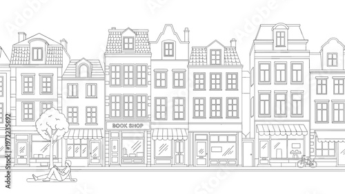 Detailed black and white line drawing of a traditional European street with narrow houses, shops, and a person resting.