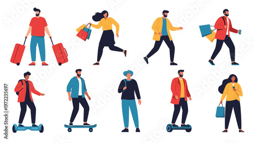 Diverse set of people traveling by walking, running with shopping bags, using suitcases, skateboards, and hoverboards.